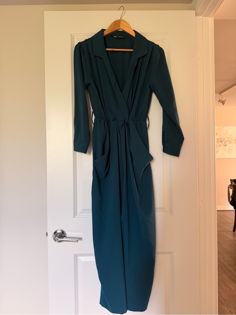 Zara Teal Green Jumpsuit Wrap Style Long Sleeve - Size S/M